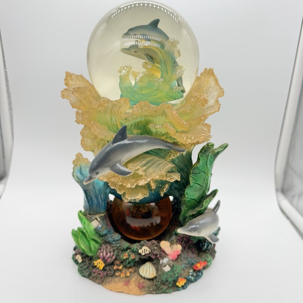 Double Water Globe Music Box Dolphins "Fur Elise" 9" tall 2 Globes 5 Dolphins